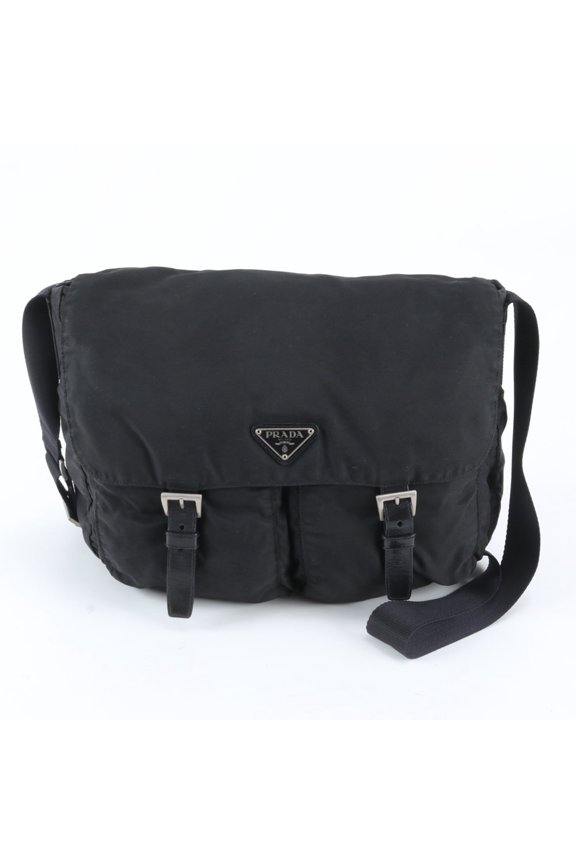Pre-Owned Prada Tessuto Nylon Triangle Logo Leather Shoulder Bag, Black, Men's