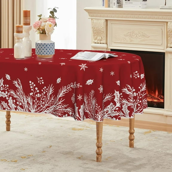 Christmas Tablecloth 60×84 Inch Oval, Floral Leaf Red Washable Table Cover for Party Picnic Dinner Decor