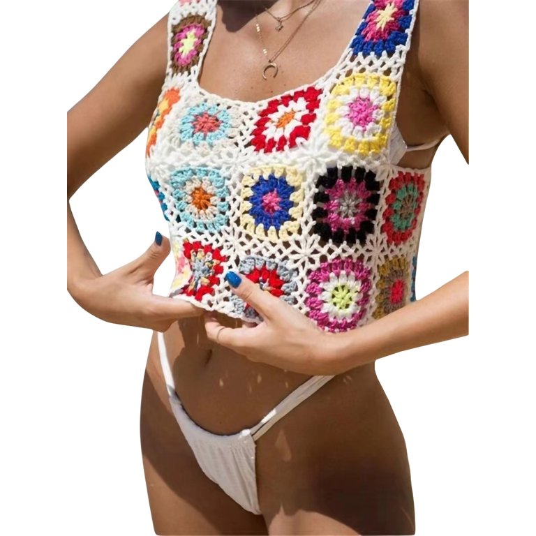 Liangchengmei Women's Summer Crochet Tank Top Colorful Floral Embroidery  Knit Vest Tops Boho Camisole Beachwear