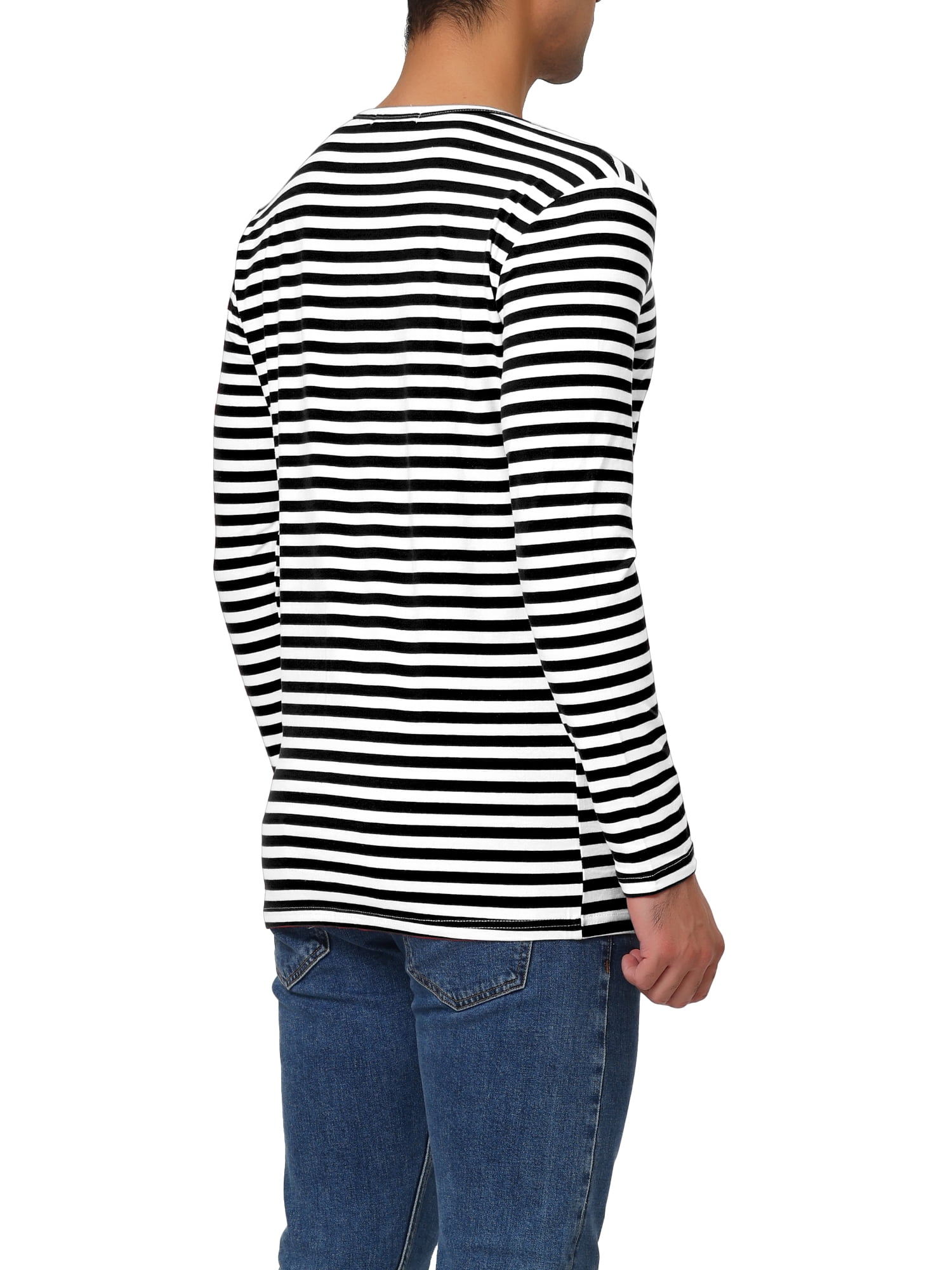 Unique Bargains Men's Long Sleeve Pullover Top Crew Neck Striped T-Shirts 38 White Blacks