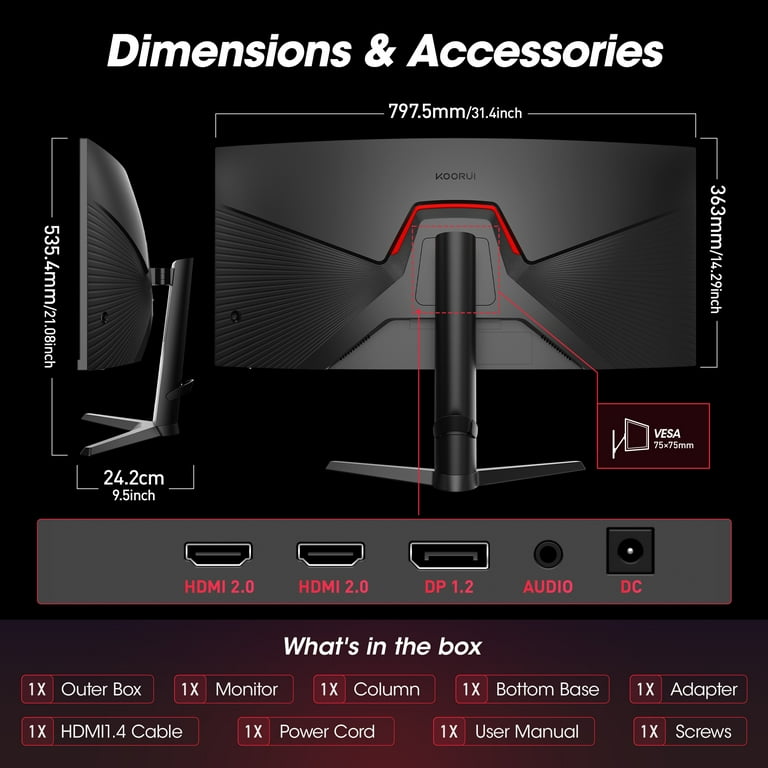 KOORUI 34'' Ultrawide 4K Curved Gaming Monitor, 165Hz WQHD HDMI