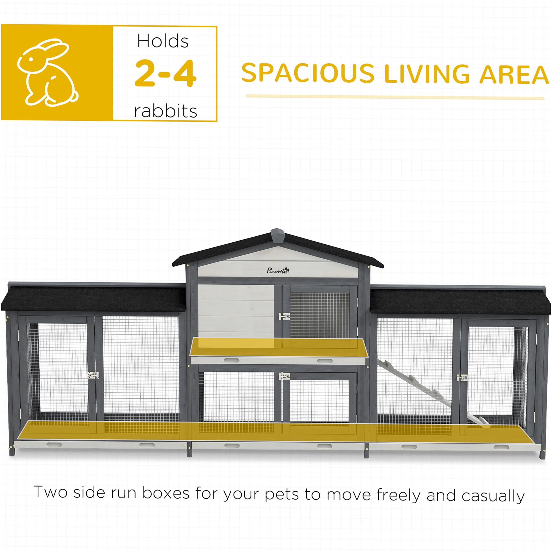JERFIT 90.5 Inch Large Outdoor Rabbit Hutch with 2 Run Boxes, Leak-Proof Tray & Ramp, Wooden Guinea Pig Cage, Small Animal Playpen Enclosure House, Gray
