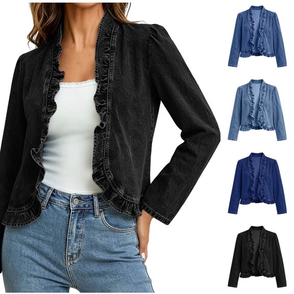Xaqiouau Women's Ruffled Trim Open Front Denim Cardigan Long Sleeve Cropped Jean Jacket Slim Fit Casual Outerwear Vintage Style Spring Fall Top Black XXL