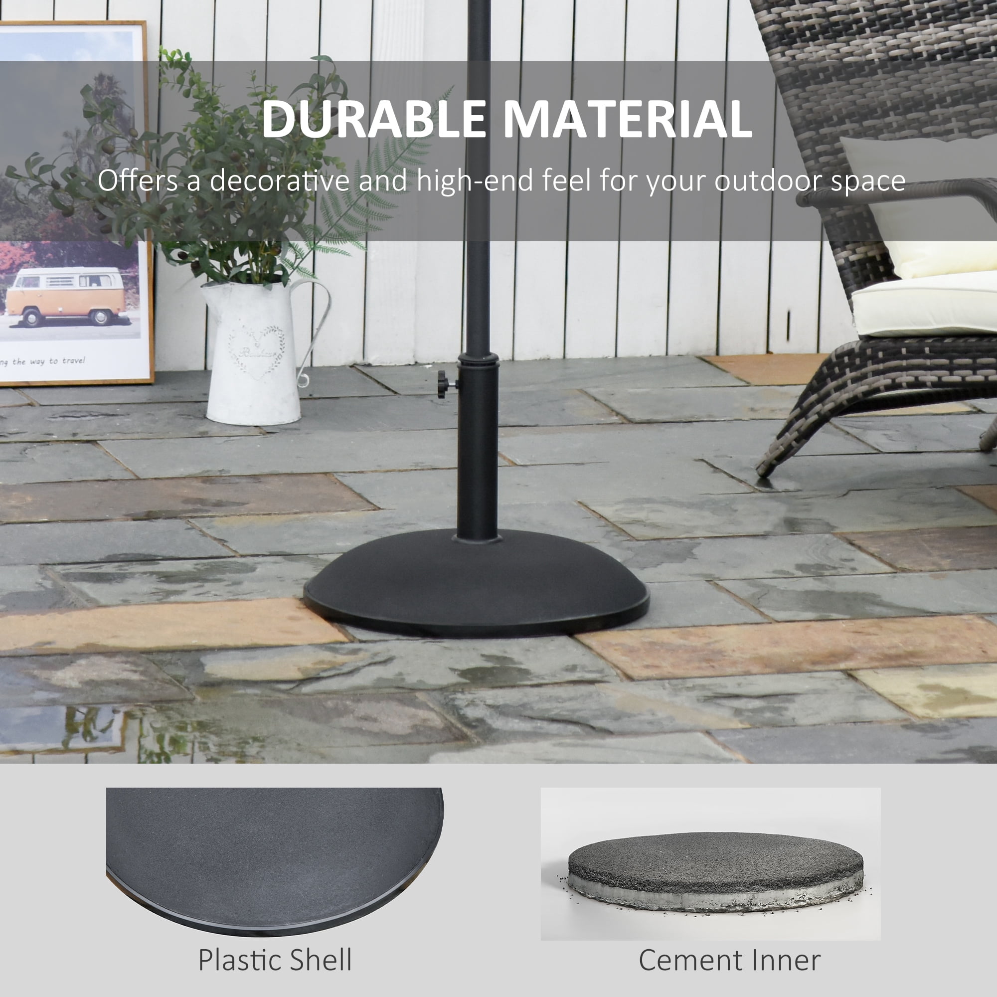 Outsunny 20" 55 lbs Round Cement Umbrella Base Stand Market Parasol Holder with Tightening Knob for Φ1.3" Φ1.5" Φ1.9" Pole for Lawn Backyard Black