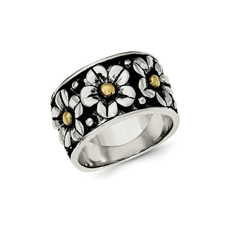 Antique 14k Gold Ring - Ladies Antiqued Flower Daisy Ring in Sterling Silver with 14K Yellow Gold Center