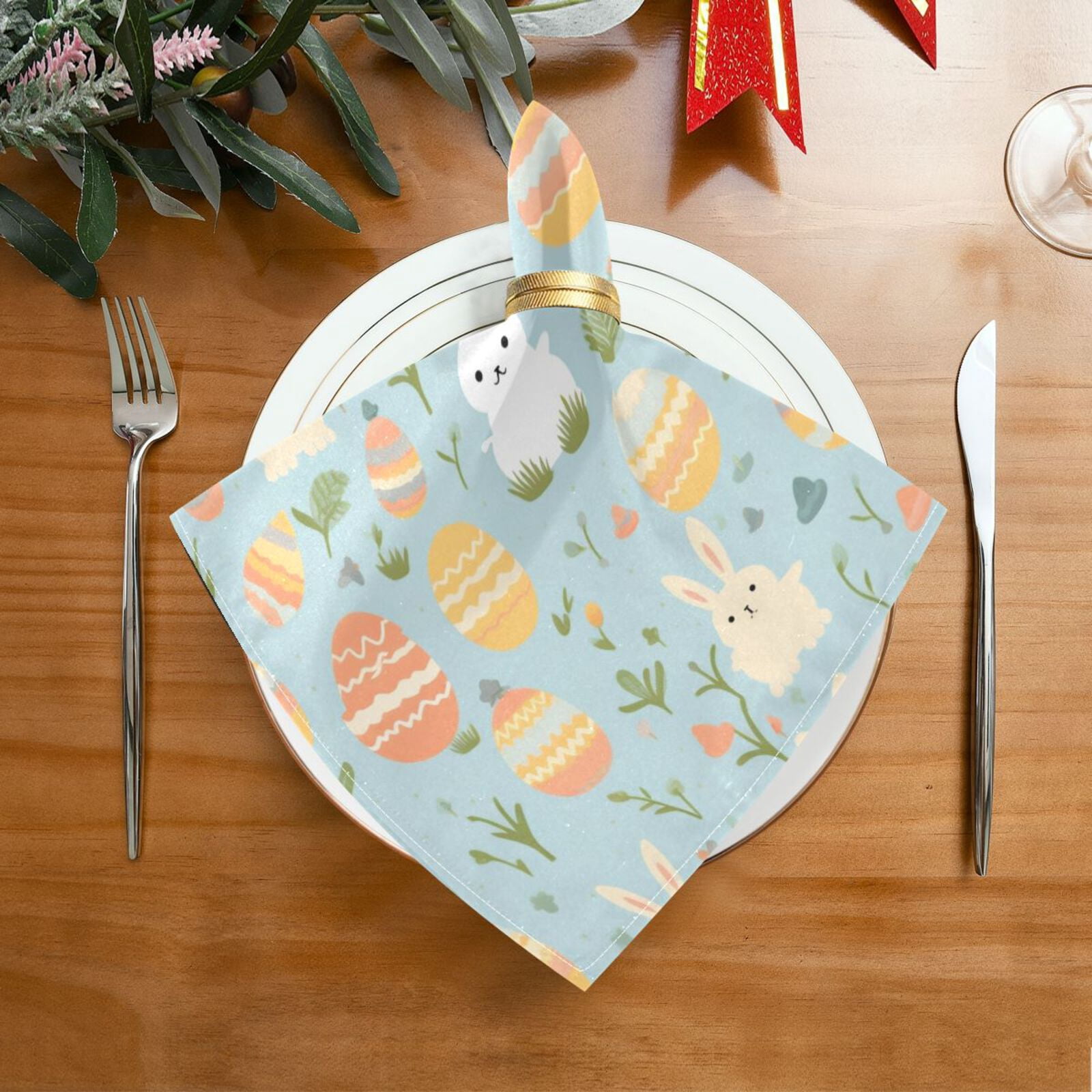 JSTEL Rabbit Eggs Easter Cloth Napkins Set of 6, 20x20 Inch Washable and Reusable Napkin for Decoupage Dinner Party Everyday Use