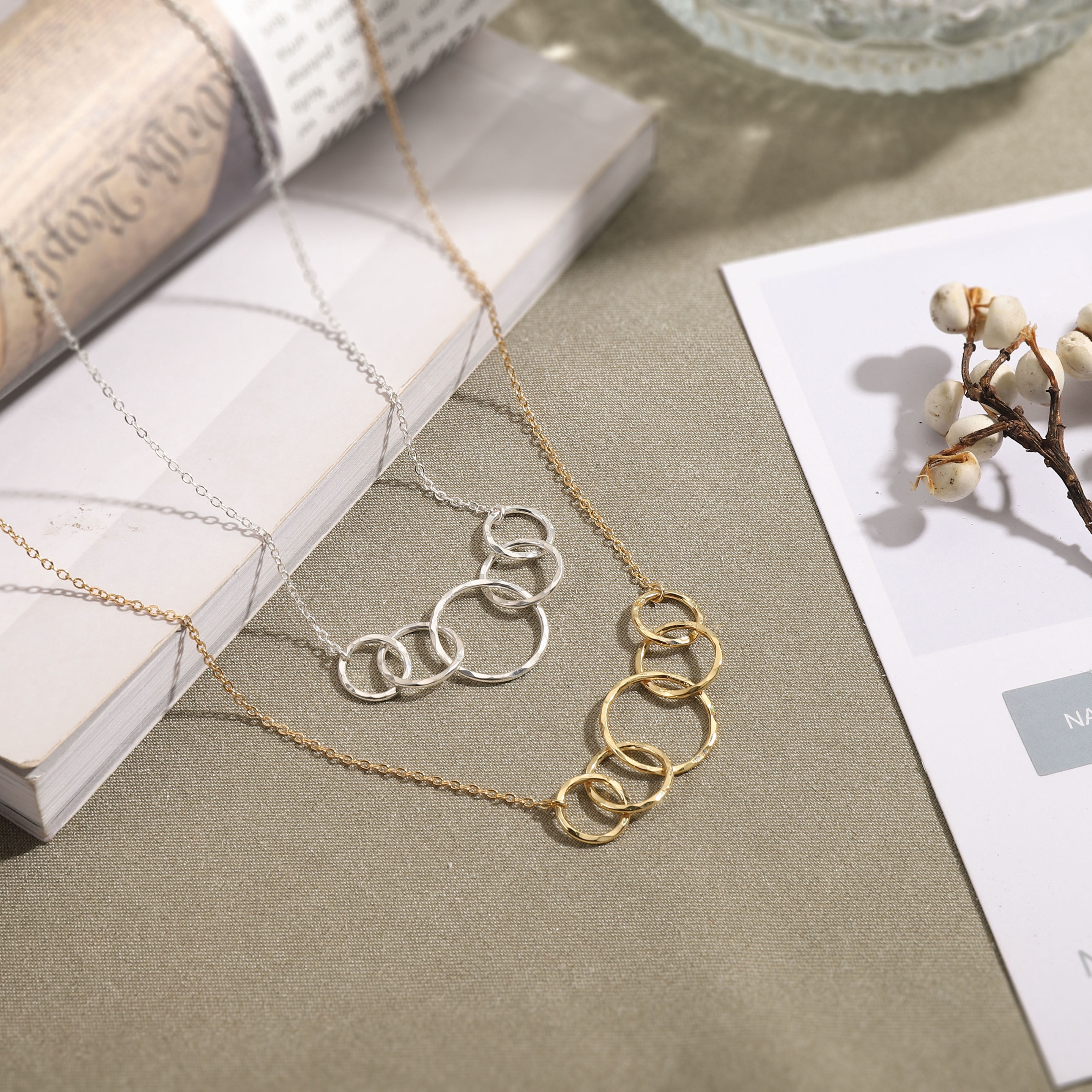 HOPE LOVE SHINE 50th Birthday Gift for Her – 5 Ring Gold Necklace, 5 Decades Jewelry