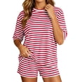 thumbnail image 2 of BRELIL Women's Round Neck Short Sleeve T-Shirt Two Piece Set Elastic Waisted Shorts Striped Casual Lounge Matching Outfits Summer Everyday Wear, Red M, 2 of 8