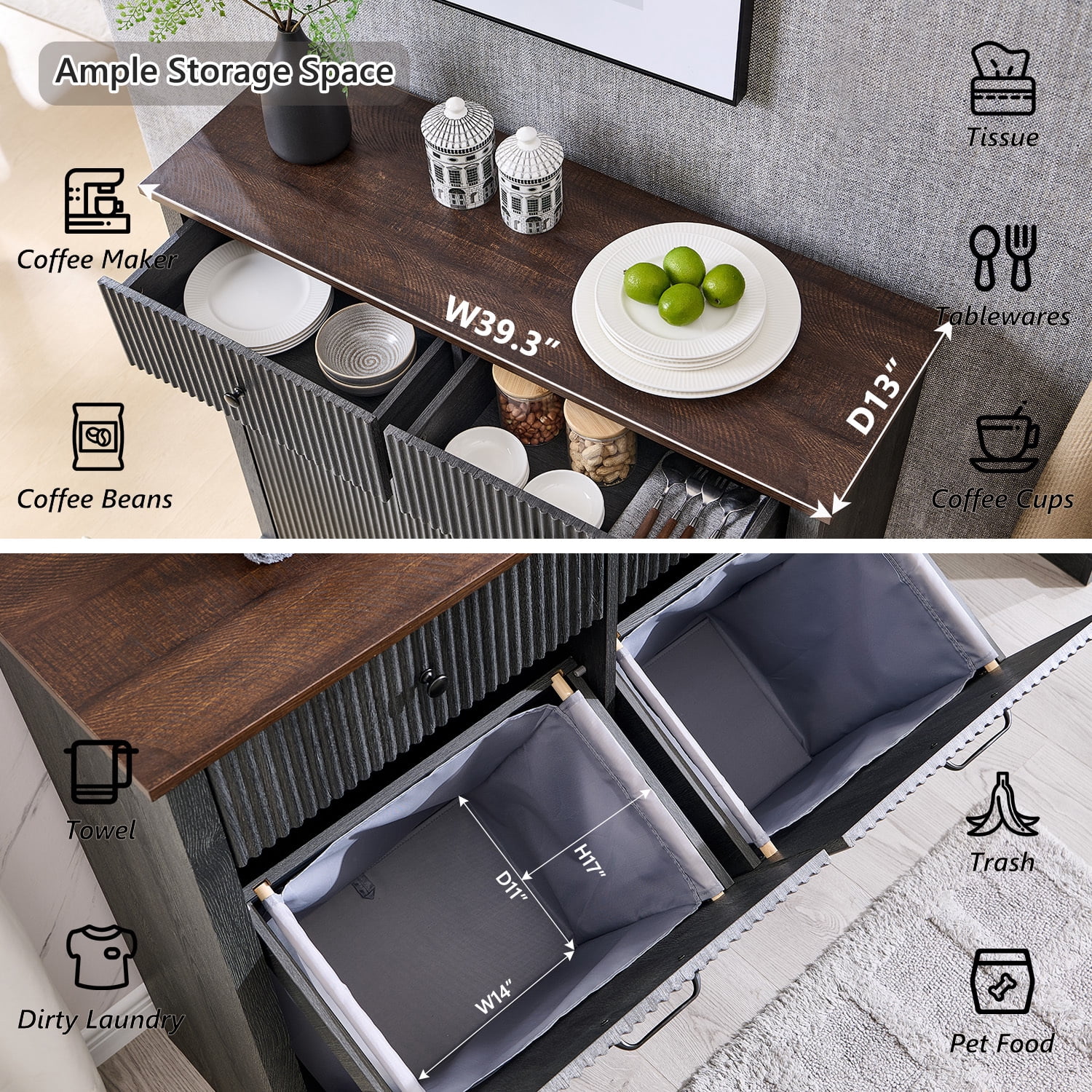 20 Gallon Tilt-Out Trash Can Cabinet, Modern Laundry Hamper Cabinet with Drawers, Hidden Garbage Can Cabinet for Kitchen and Living Room
