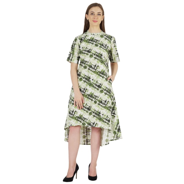 Phagun Robe en Coton Imprimé avec Poches Col Mandarin Robe Asymétrique Longueur Genou pour Femmes