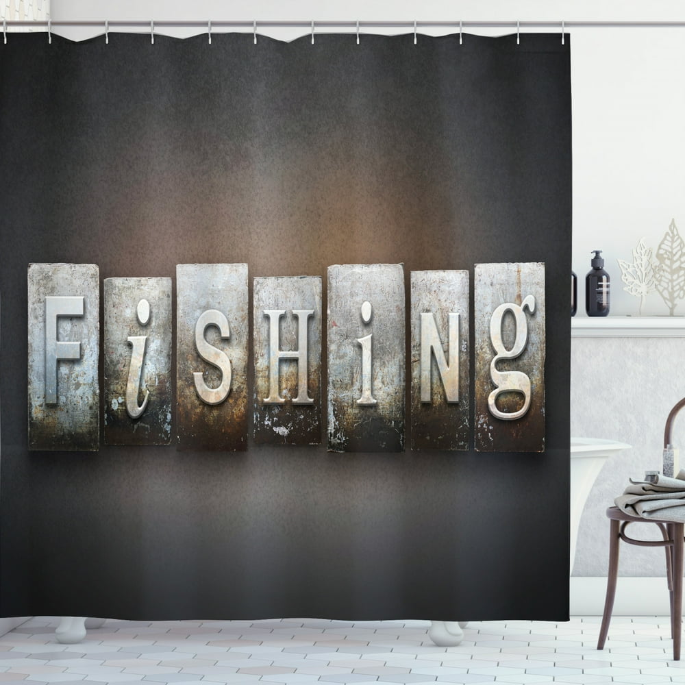 Fishing Theme Shower Curtain, Nautical Concept with The Word Fishing Written in Vintage