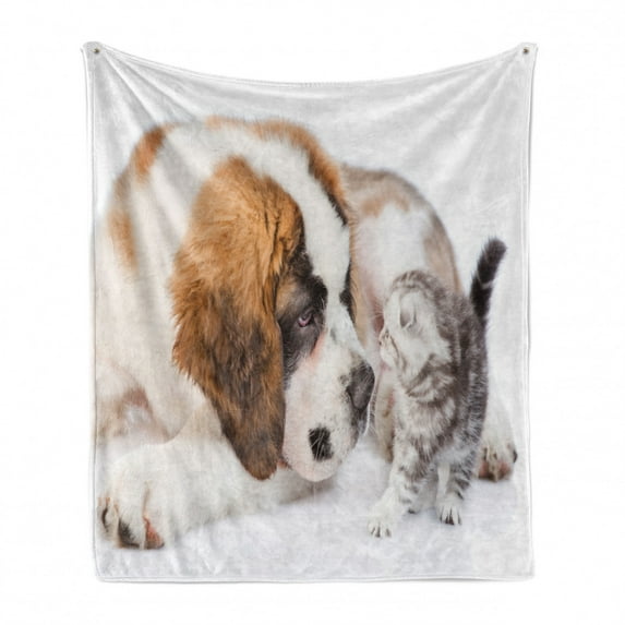 Dog and Cat Soft Flannel Fleece Throw Blanket, Close up Picturesque of Sniffing Animals, Cozy Plush for Indoor and Outdoor Use, 70" x 90", White Caramel Pale Taupe, by Ambesonne