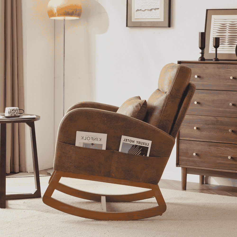 Spaco Linen Rocking Chair with Thick Headrest, Upholstered Mid-Century Modern Nursing Rocker Glider with Curved Armrest and Sturdy Solid Wood Base for Living Room, Bedroom, Baby Room, Brown