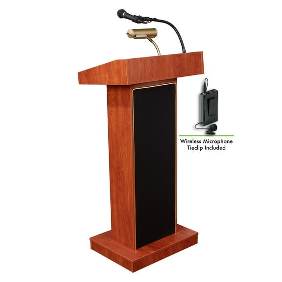 Oklahoma Sound® Orator Lectern with Wireless Tie Clip/ Lavalier Mic, Wild Cherry