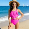 thumbnail image 5 of HAOTAGS Girls Two - Piece Ruffled Tankini Swimsuit,Water - Resilient Solid Hue Splicing Beach Ruffle Swimsuits Hot Pink 7-8, 5 of 8