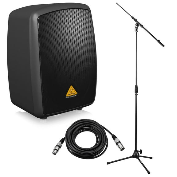 Behringer Europort MPA40BT All-in-One Portable 40-Watt PA System with Bluetooth Connectivity and Battery Operation - Bundle With Samson MK10 Lightweight Boom Mic Stand, 15' 8mm XLR Microphone Cable