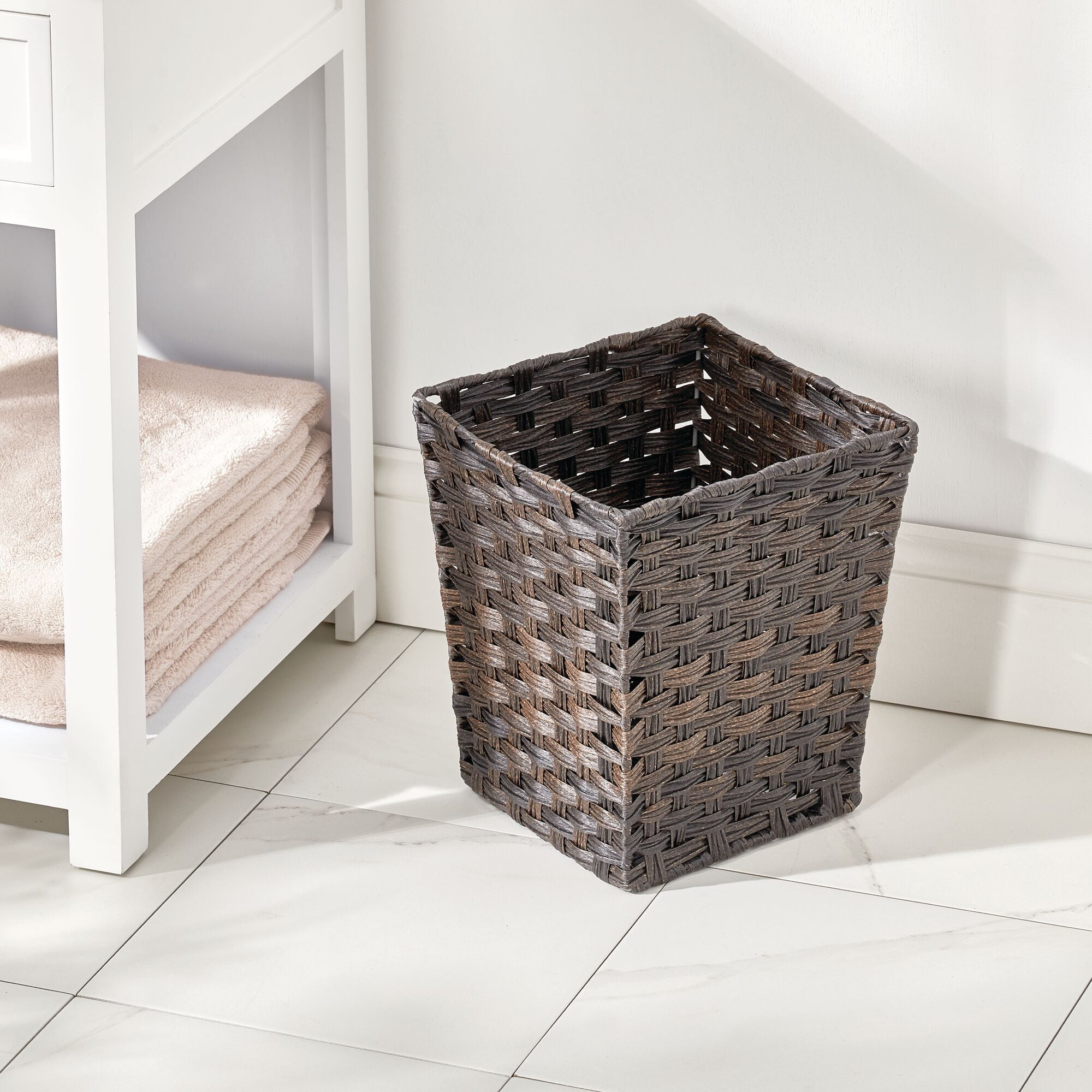 mDesign Woven Square Trash Can Wastebasket, Garbage Container Bin - Dark Brown