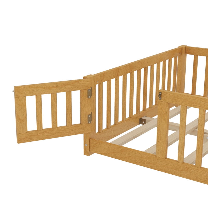 Montessori Bed with Rails, Full Size Floor Bed with Door & Slats Support, Wood Playhouse Bed with Fence, No Box Spring Needed,Natural