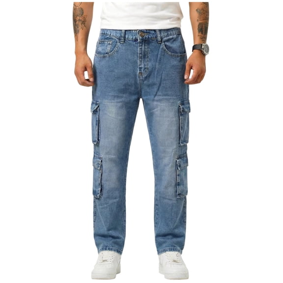 LODIENY Mens Elastic Waist Cargo Jeans Stretch Straight Leg Denim Pants Drawstring Relaxed Fit Vintage Trousers for Casual Daily Wear with Multi Pockets Light Blue XL