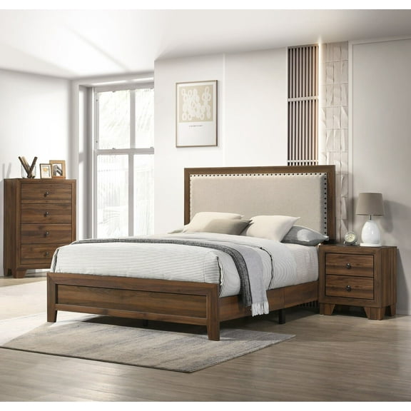 Beautiful Brown Cherry Finish 3Pc Full Size Upholstered Headboard Panel Bed Chest Nightstand Set