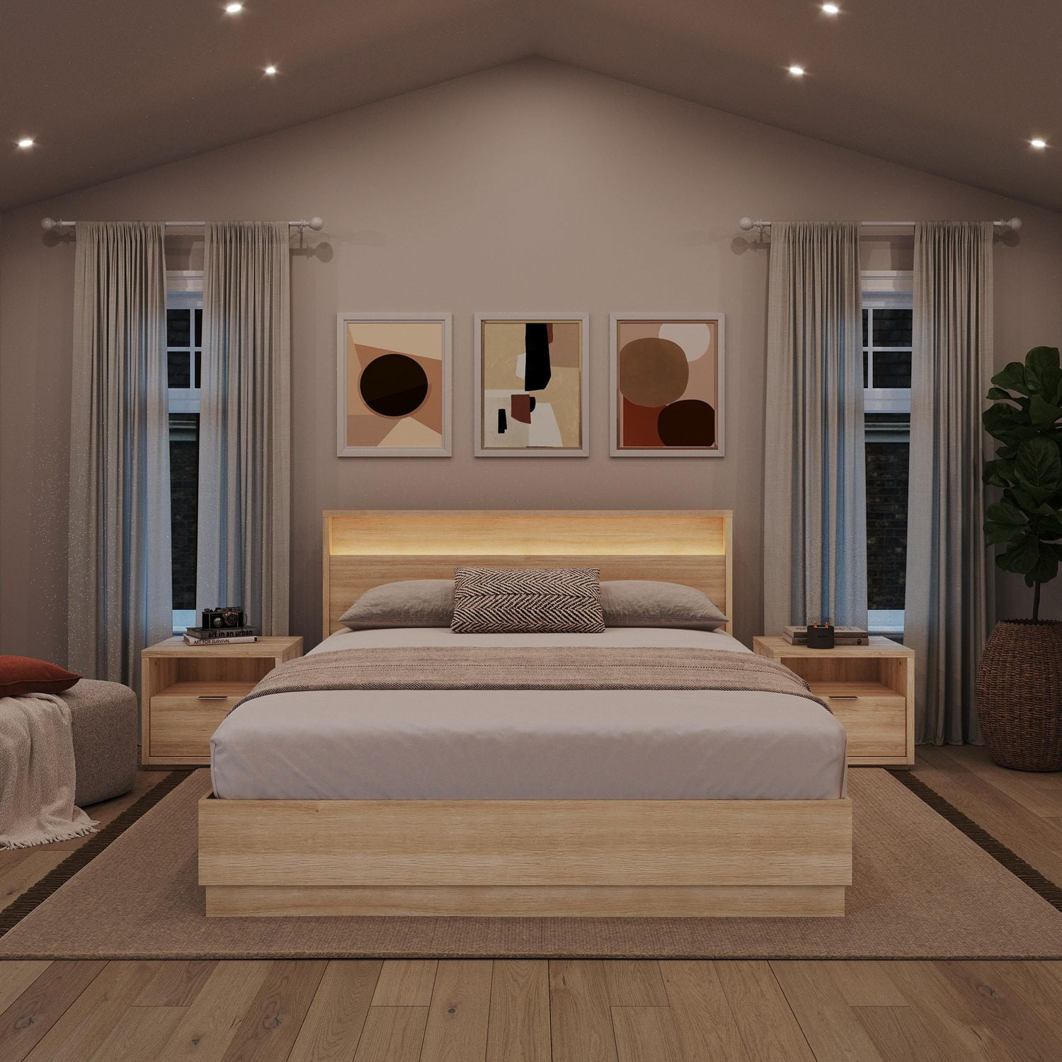 Harlow 4 Piece Queen Size Bedroom Set with Slatted Bedframe, Headboard with Integrated Light, 2 Nightstands