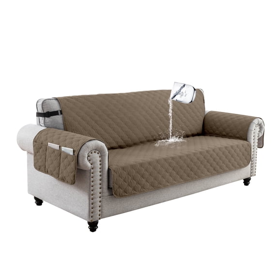 SUNICOL 100% Waterproof Quilted Sofa Cover for 2 Cushion Couch, Non-Slip Furniture Protector with Side Storage Pockets, Washable Armchair Loveseat Slipcover with Elastic Straps for Dogs Kids, Taupe