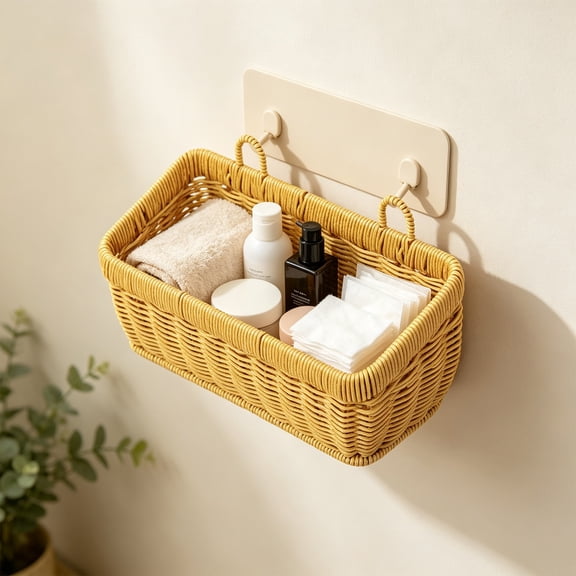 Imitation Rattan Woven Small Storage Baskets for Organizing, Wall Hanging Imitation Wicker Basket for over Toilet Storage Shelf, Home Decor, Living Room