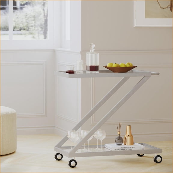 Bar Cart | Modern Tempered Glass Shelves | Rolling Locking Casters | Brushed Silver | Glass Metal