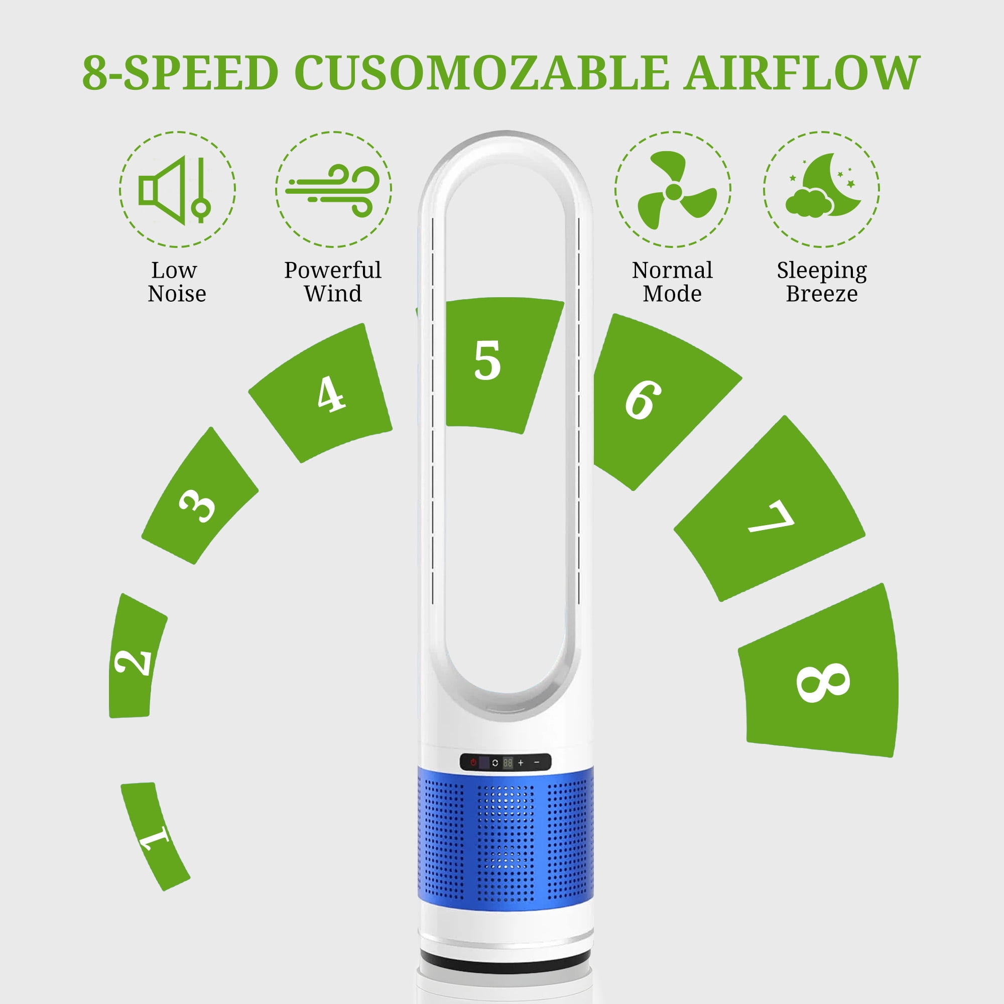 Simenmax 41'' Bladeless Tower Fan, 80° Oscillating Quiet Cooling Fan, 8 Speeds & 8H Timer, Remote Control with LED Display for Home Office Living Room,Blue