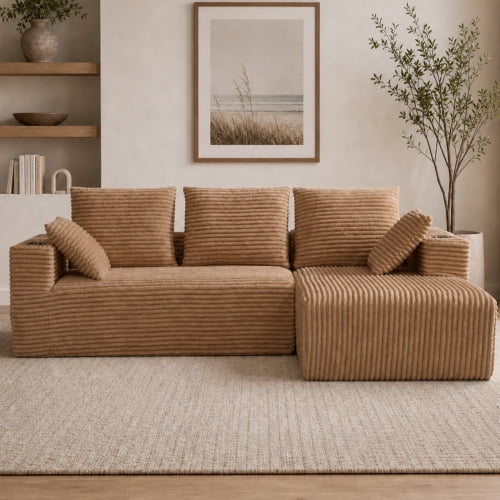 95" Modular L-Shaped Sectional Sofa with Chaise Lounge, 4-Seater Convertible Sofa Bed, Plush Corduroy Upholstery, Spring Pack Cushions, Wide Armrests with Side Pocket, Brown