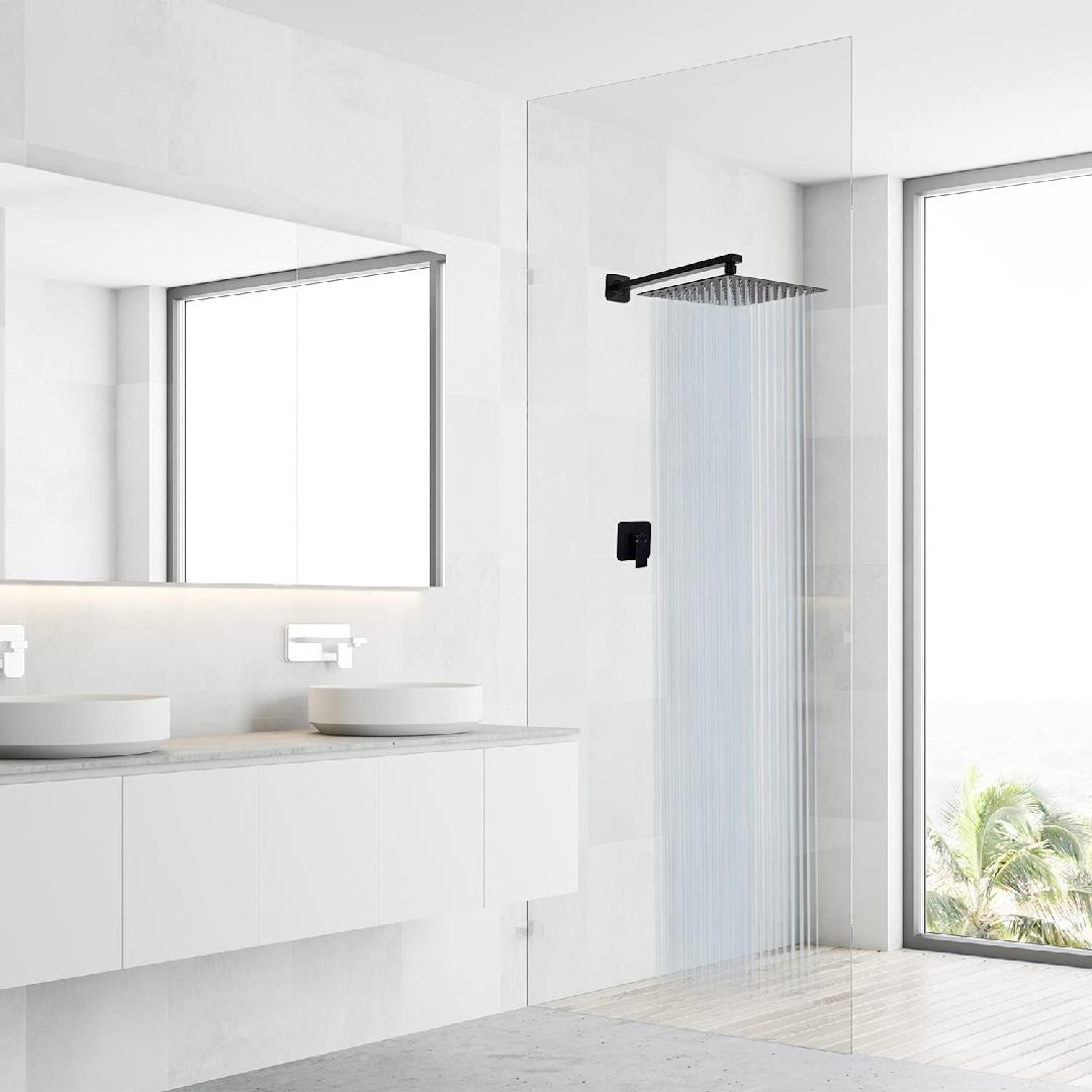 Rain Shower Head Black with Extension Arm 12 Inch Square Shower Head