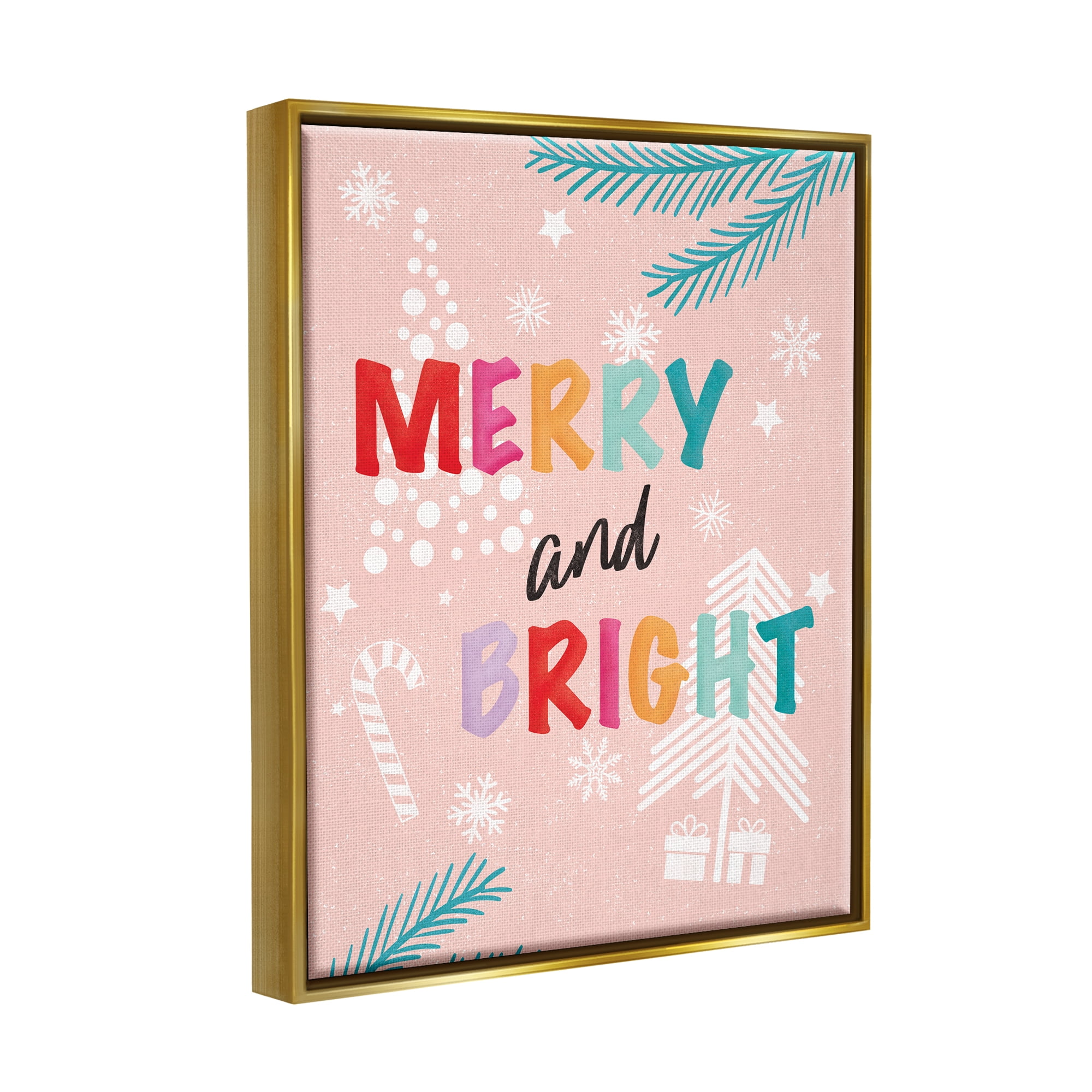 Stupell Industries Merry & Bright Pastel Phrase Holiday Painting Gold Floater Framed Art Print Wall Art