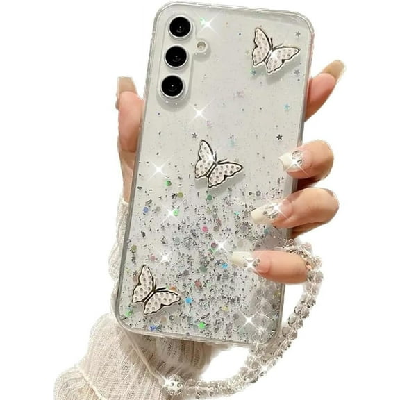 for Samsung Galaxy S25 Plus Bling Case with Lanyard, Cute 3D Butterfly Glitter Soft Gel Woman Girly Sparkle Shiny Slim Thin Phone Cover   Wrist Strap for Samsung Galaxy S25 Plus (Clear)
