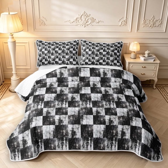 Manfei Vintage Plaid Twin Quilt Set,Retro Grid Twin Coverlet Set,Black White,2pcs,1 Bedspread and 1 Pillowcase