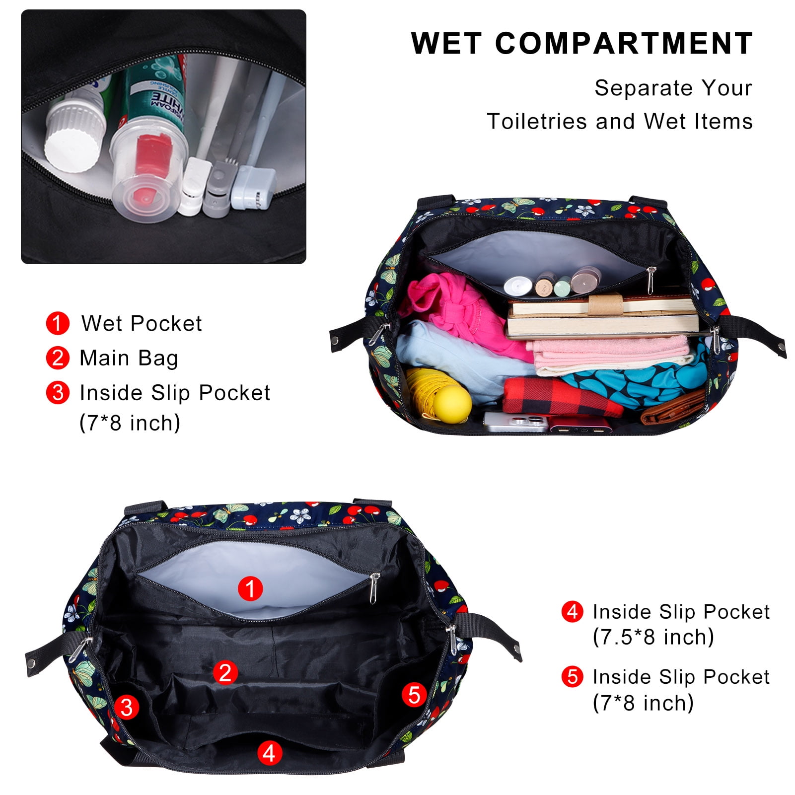 HAWEE Expandable Duffel Bag for Women with Trolley Sleeve and Wet Pocket Water Repellent Weekender Travel Tote Large Capacity Carry On Overnight Luggage for Gym/ Trip/ Camping/ Beach, Cherry