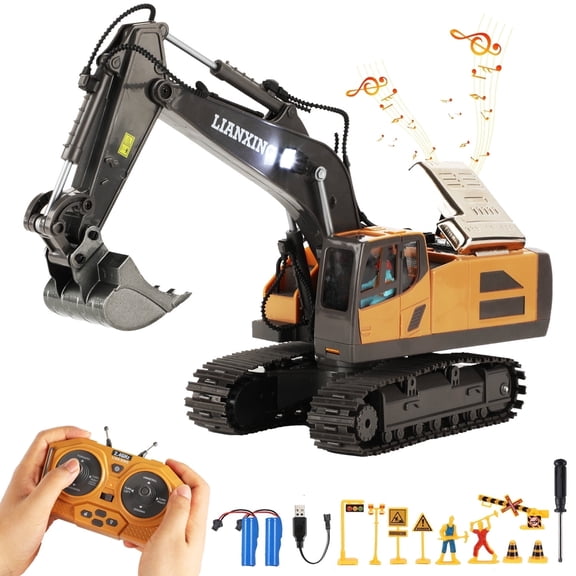 Petbank Remote Control Excavator Toys, 680° Rotation Hydraulic Car Toys with Metal Shovel, Lights & Sounds, Rechargeable 11 Channel RC Construction Vehicles, RC Truck Digger gift for Kids Aged 4-12
