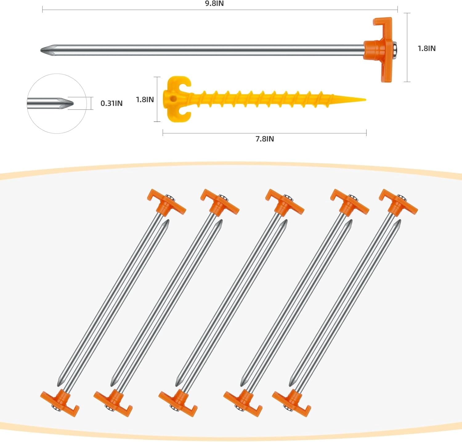 WarmH Tent Stakes Heavy Duty Camping Stakes, 7.1/9.8inch Non-Rust Metal Tent Pegs Ground Stakes Tent Spikes Camping,Garden,Hiking Green/Orange/Black (Orange 12+2pcs, 10IN)