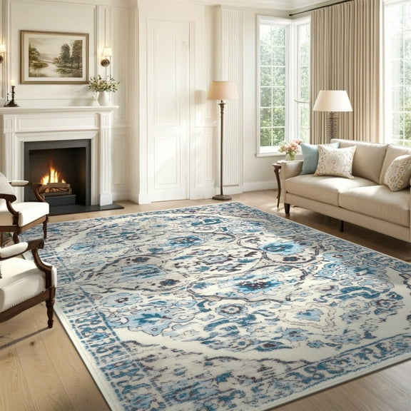 MeyJey 5'x8' Boho Area Rug for Living Room, Non-Slip Machine Washable Vintage Oriental Distressed Floor Large Carpet for Bedroom Dining Kitchen, Blue/Beige