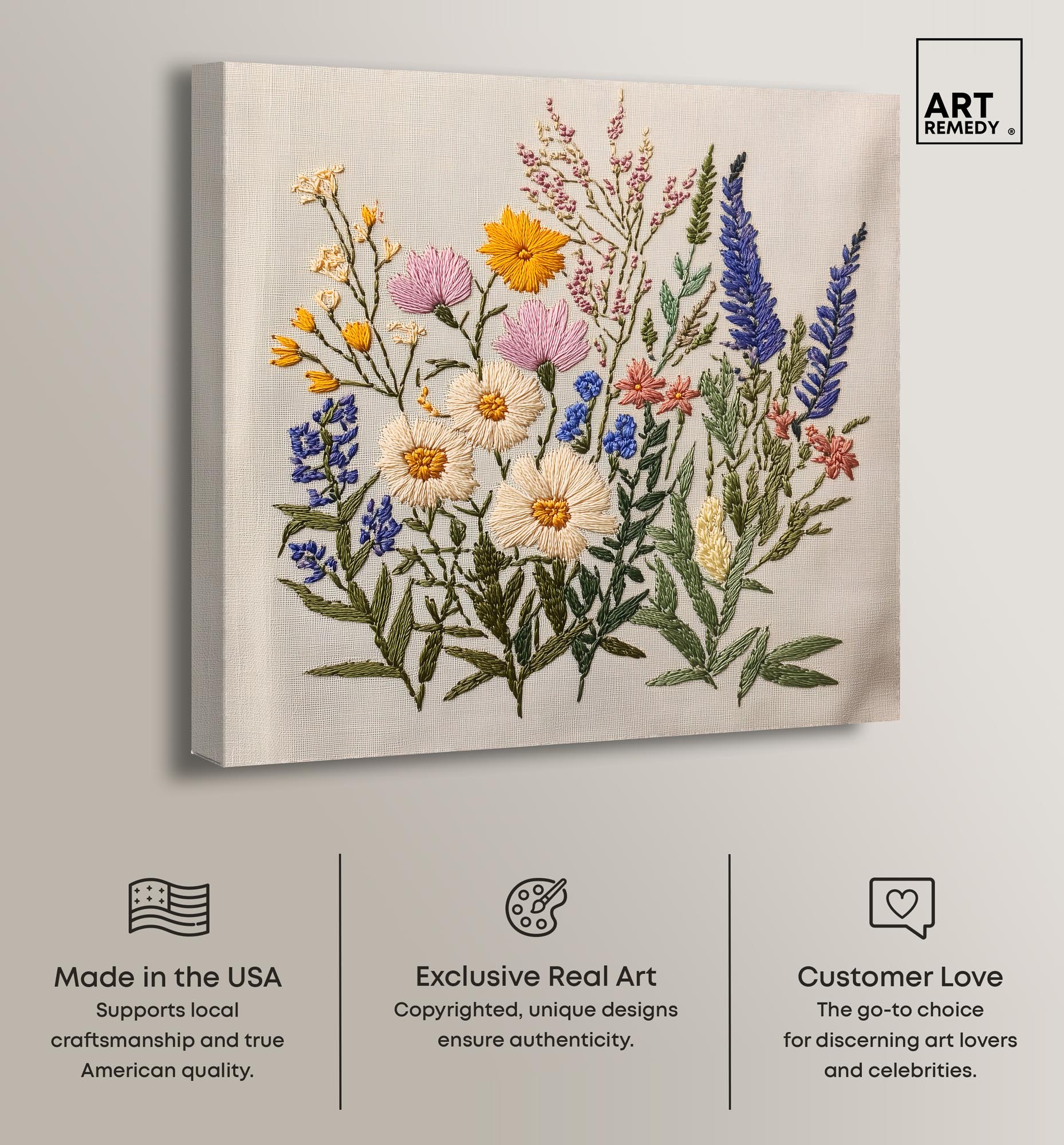 Needlepoint Prairie Posy Canvas Floral Prints by Art Remedy, Gallery Wrapped, 16 x 16