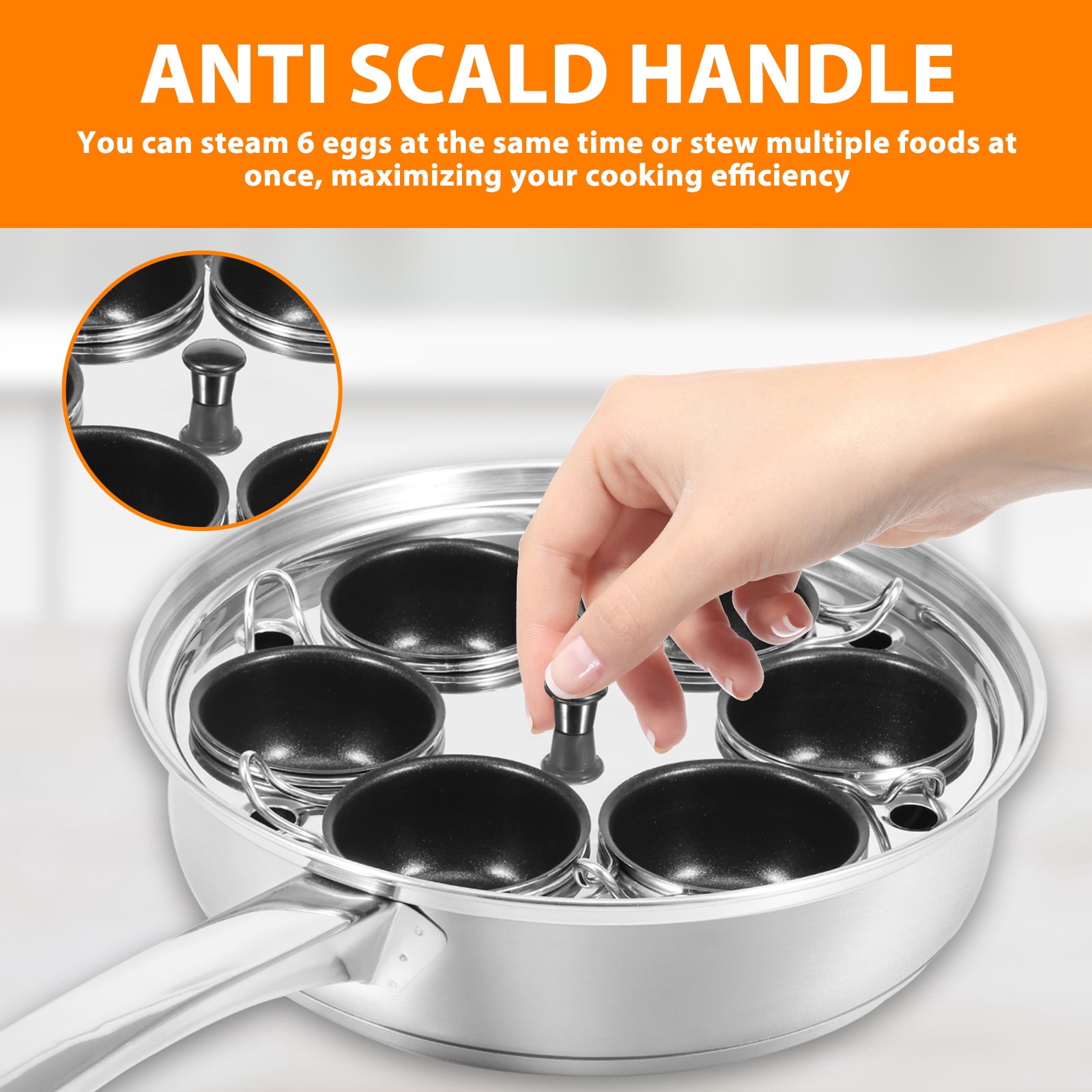 Stainless Steel Egg Poacher Pan Uniform Heating Poached Egg Cooker Thermal Insulation Poached Maker Pan with 6 Small Cup for Home