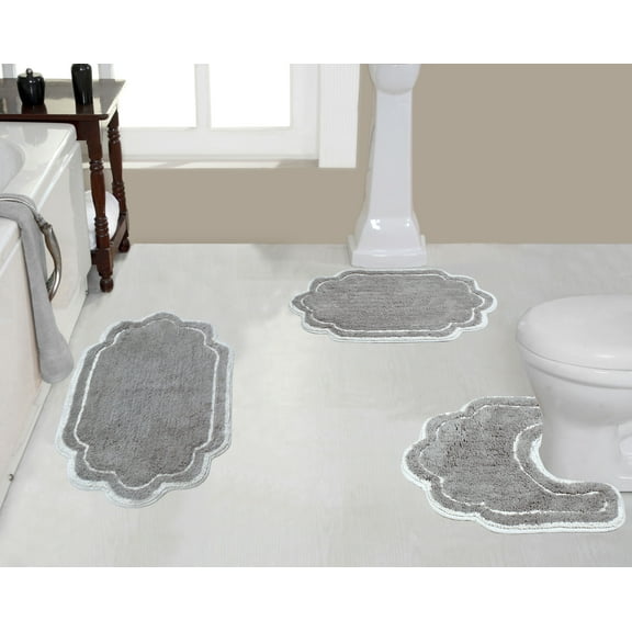 Home Weavers Allure Collection 100% Cotton Non-Slip Bathroom Rug Set Machine Washable Bathroom Rug-17"x24", Bath Rug- 21"x34", U Shaped Contour- 20"x20", Gray Color 3 Piece Bath Rug set