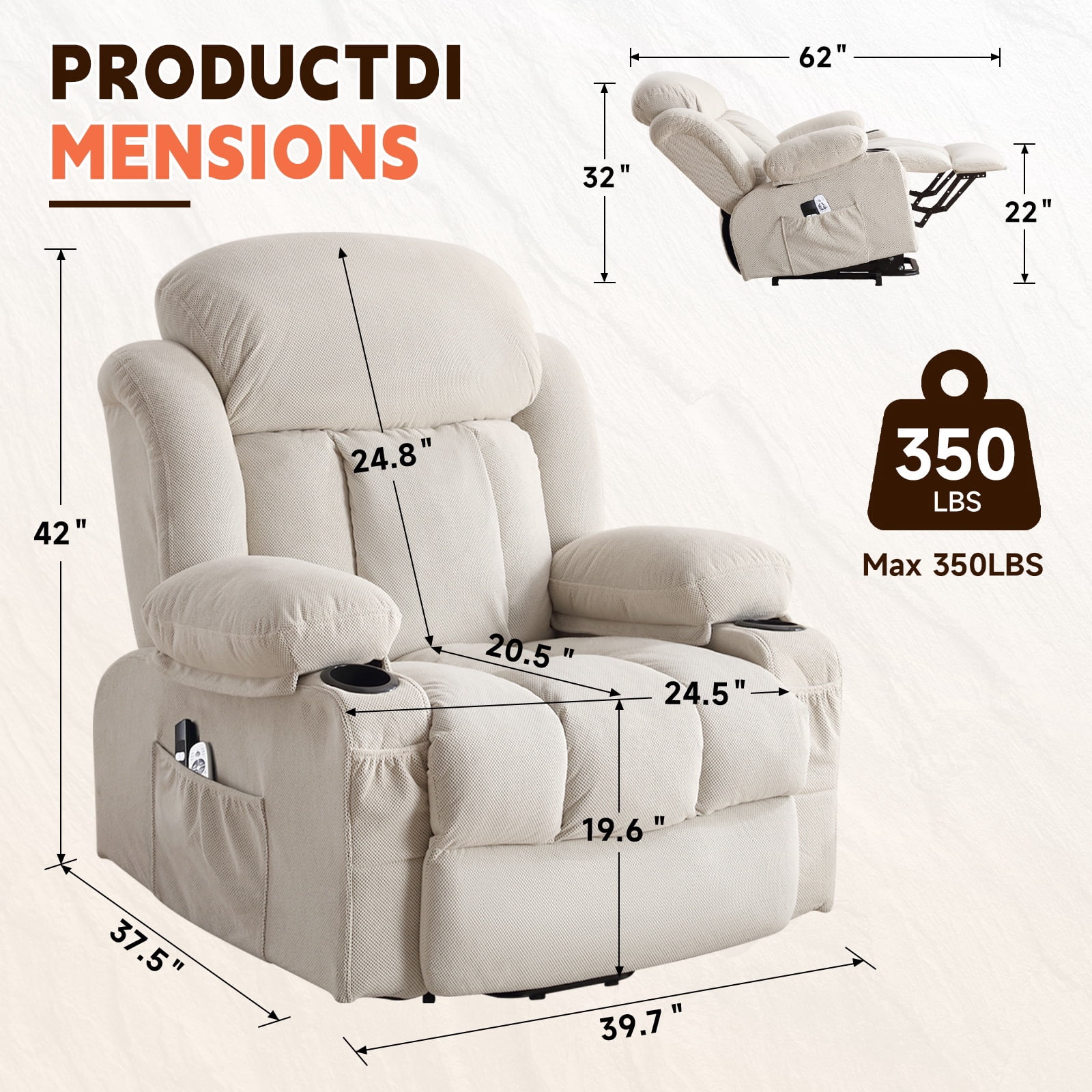 UHOMEPRO Lift Recliner Chair for Elderly and Adult, Electric Recliner with Heat and Vibration Massage, Remote Control, USB Port, Side Pockets & Cup Holders, Beige