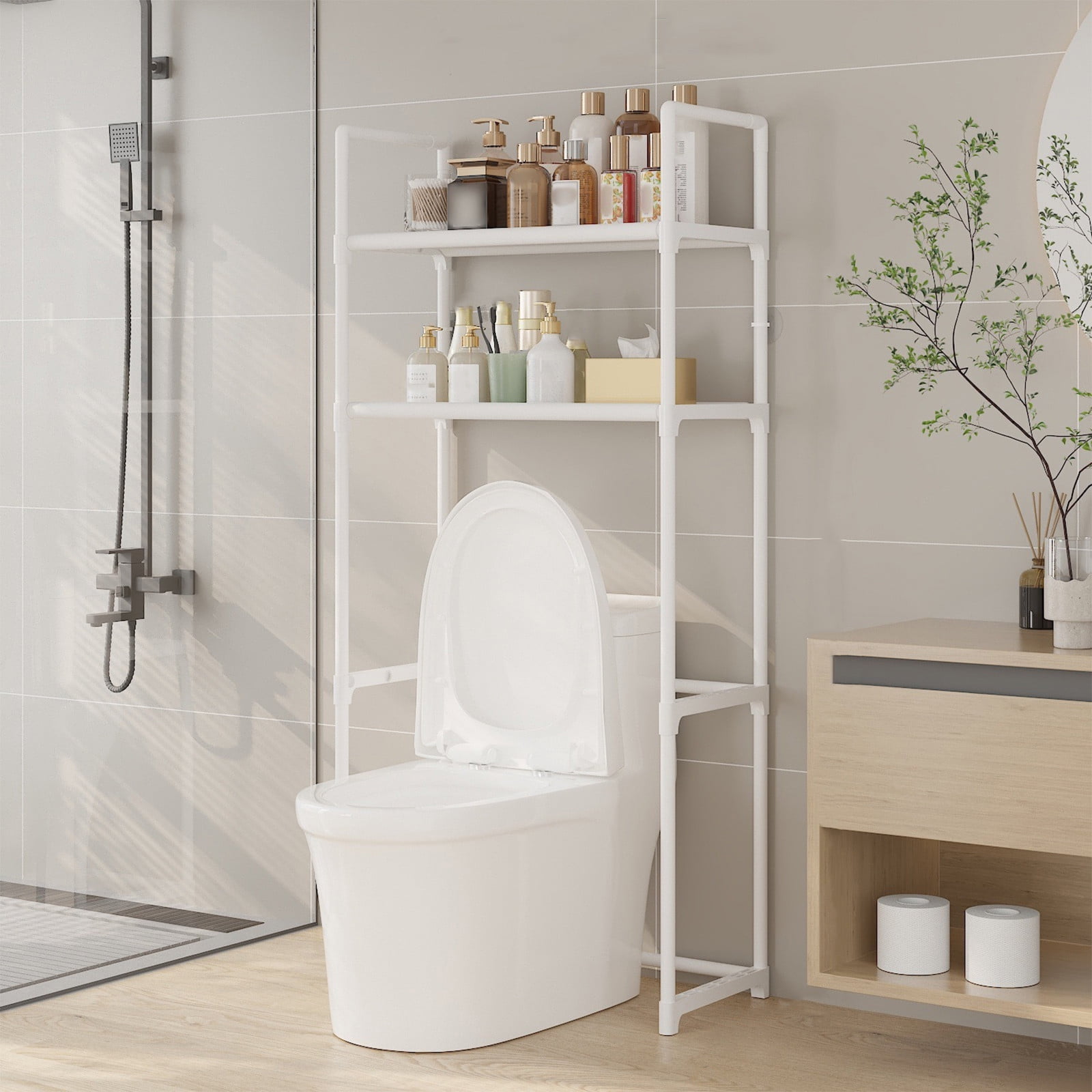 Tgbvmt 2-Layer Stainless Steel Storage Rack Above Toilet 50 In Space Saving Organizer For Shampoo Towels Hair Dryers Detergents Washing Machine Balcony Home Bath Decor Storage Racks