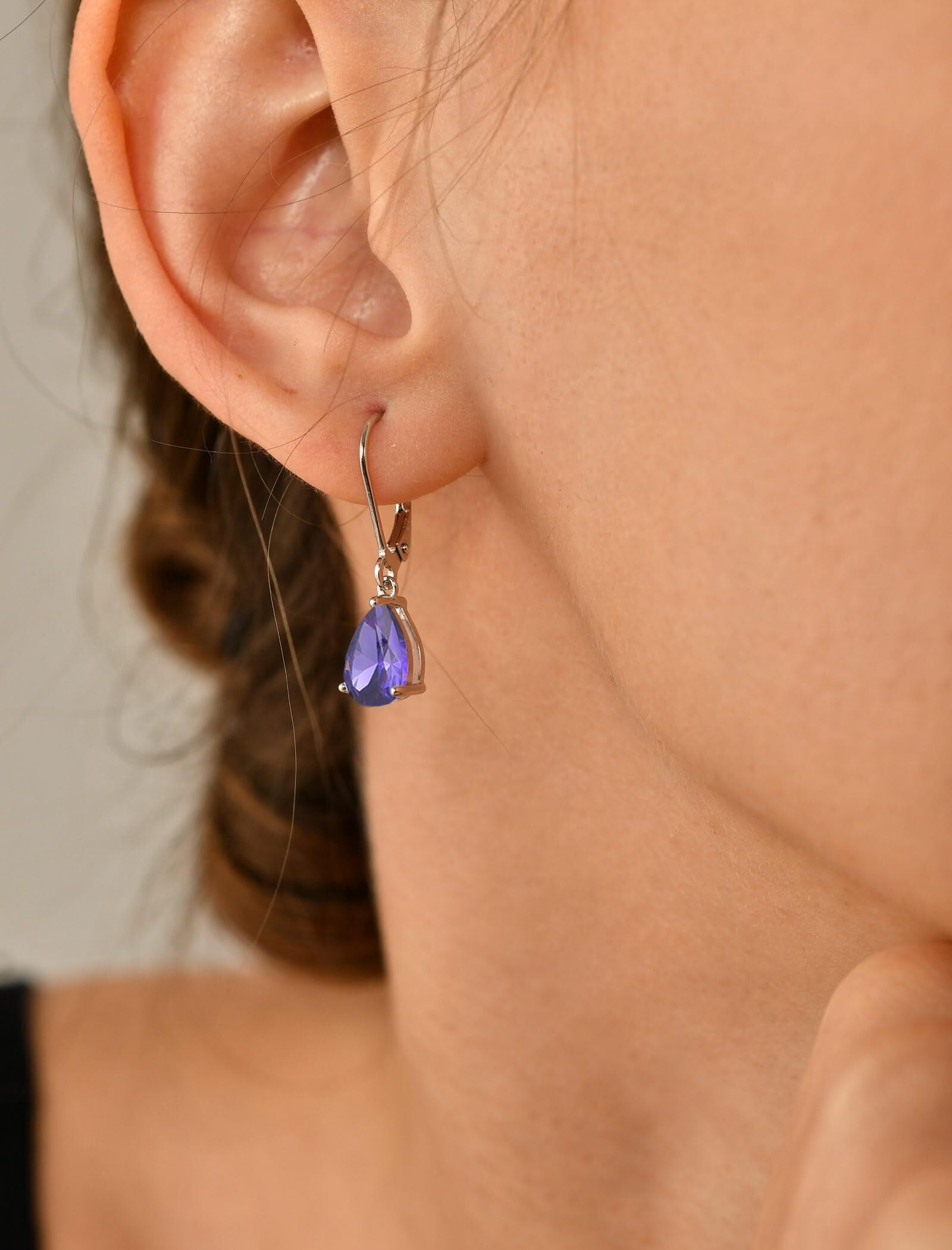 PYNZY Dangle Drop Earrings Sterling Silver Solitaire Leverback Teardrop Earrings for Women Birthstone Created Amethyst Jewelry Gifts for Moms
