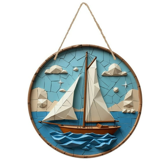 Rustic Round Wooden Wall Art Sign, 8" Decorative Home Decor, Vintage Sailboat Sail Water Designs, Easy Hang, Gift-Ready for Christmas Living Room Bedroom Kitchen Office