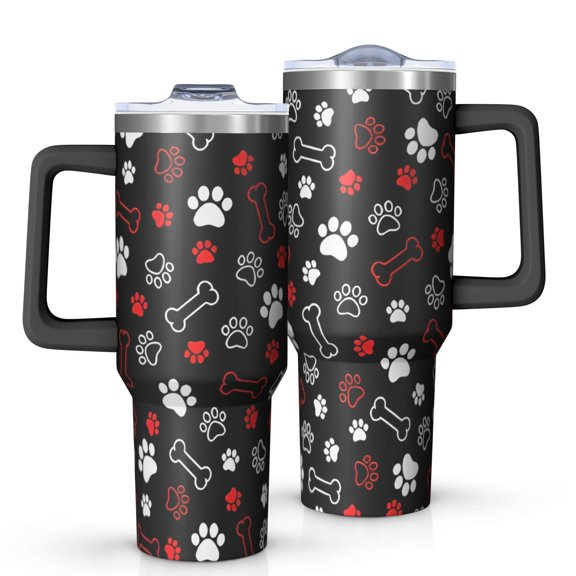OBREWU Paw Prints and Bones Tumbler with Handle and Lid,Paw Prints and Bones 40oz Double Wall Vacuum Insulated Tumbler,Cups Gift for Women and Men