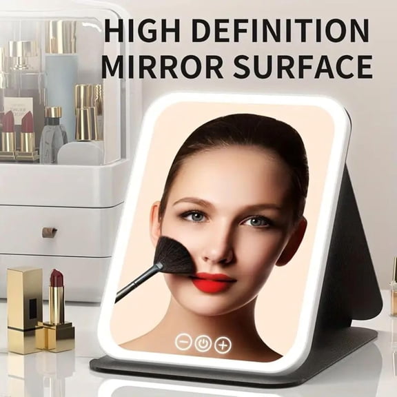 JUNXIAO-10 Inch HD Makeup Mirror with LED Lights, Portable Folding Travel Mirror, PU Leather Case, Rechargeable Dimmable Vanity Mirror for Professional Makeup Artist, Home (White)