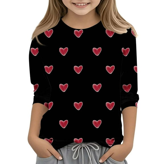OGLCCG Girls Heart Printed 3/4 Sleeve Tops Loose Crewneck Tunic Pullover Tops Dressy Casual Cute Lightweight Valentines Shirts for Teens 3-12 Years