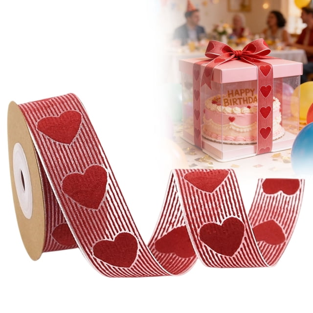 Heart Print Wired Ribbon,Polyester Craft Wrapping Ribbon for DIY Wedding Gift and Event Decoration,1 Roll,I,1PC