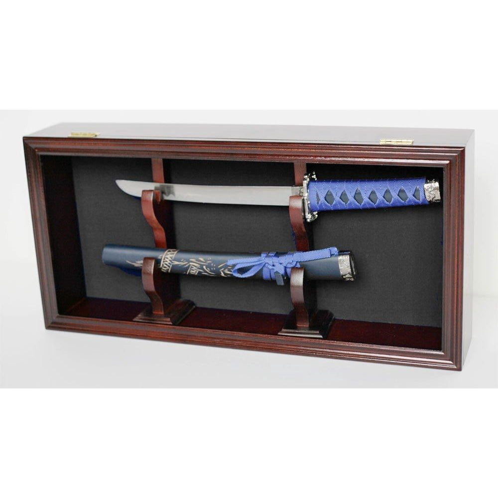 Display Case Wall Mounted for Dagger Knife or Short Sword, Mahogany Finish